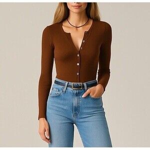 Betro Simone Brown Bodysuit Ribbed Henley Stretch Button-Up Soft Snap Size Small